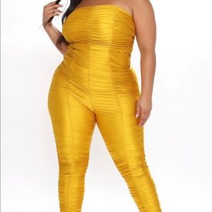 Mustard ruching jumpsuit in size large